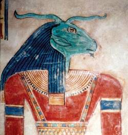 grandegyptianmuseum: Guardian deity    Relief depicting one of the ram-headed gods of the underworld, detail of a wall painting from the tomb of prince Amun-her-khepeshef (QV55). New Kingdom, 20th Dynasty, ca. 1189-1077 BC. Valley of the Queens, West