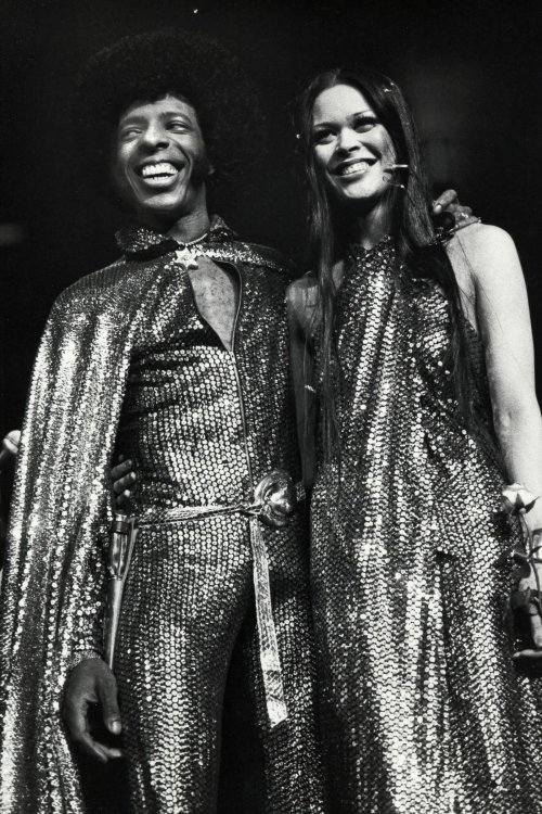 Sly Stone and Kathy Silva wearing Halston on their wedding day at Madison Square Garden on June