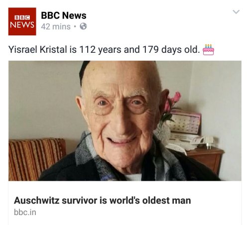 ayellowbirds: theladytrickster: If that doesn’t say ‘suck my dick, Nazis’. I don’t know what does Over 113, now! He missed celebrating his Bar Mitzvah because of the first World War, so he finally observed it September 2016, a hundred years later.