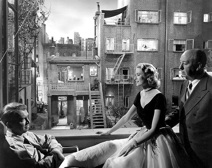 theniftyfifties:  James Stewart, Grace Kelly and Alfred Hitchcock on the set of ‘Rear