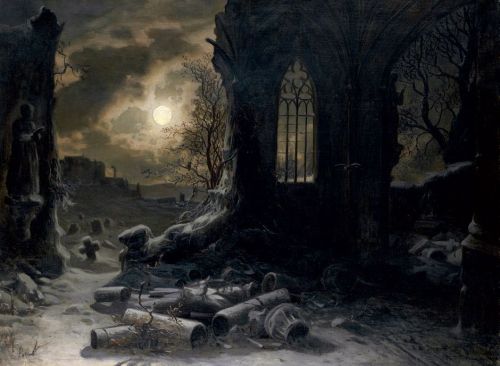 sakrogoat:Felix Kreutzer - Ruins of a Gothic Chapel at Full Moon Night