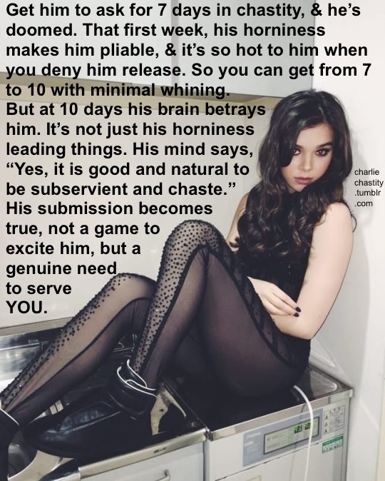 Get him to ask for 7 days in chastity, &amp; he&rsquo;s doomed. That first week, his horniness makes him pliable, &amp; it&rsquo;s so hot to him when you deny him release. So you can get from 7 to 10 with minimal whining.But at 10 days his brain betrays