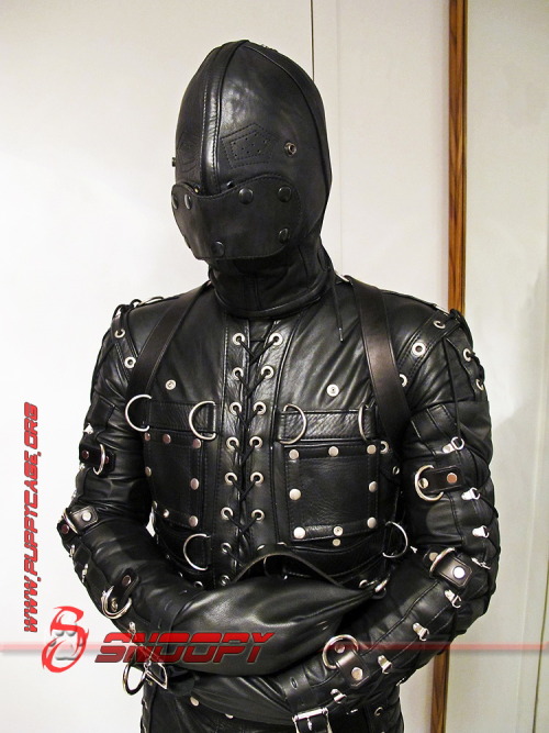 snoopypup:   More recent images of me in my Mr.S leather bondage suit, complete with bondage socks, bondage sleeves, and leather hood! There’s no more complete feeling of encasement in leather than this! ;)   ~snoopy 