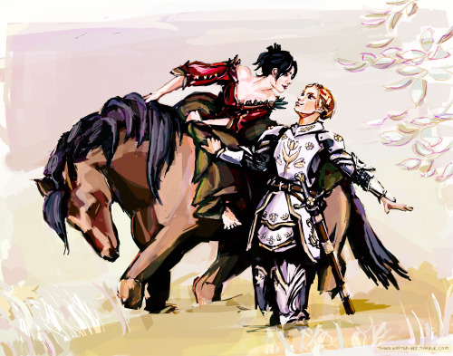 Morrigan and Beatrice Cousland, somewhat after “La belle dame sans merci” by Sir Frank Dicksee.(Comm