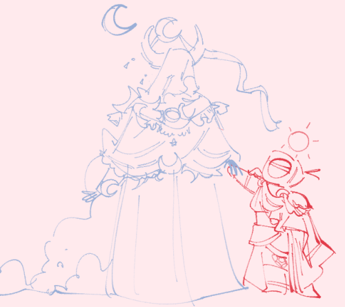 the ferryman and v2 in their Hades attire holding hands. the ferryman is blushing and v2 is looking at them contently.