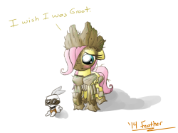 featherdraws:  Fluttershy and Angel as Groot and Rocket Raccoon on Nightmare Night.  D'awww~!! ;w; &lt;333