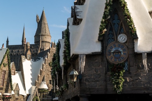 Hogwarts Castle in the distance beyond the owlery of Hogsmeade Owl Post on a bright winter day at Ch