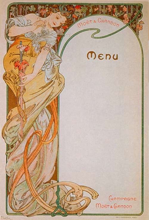 artnouveaustyle:Menu designs by Alphonse Mucha, circa early 1900′s.