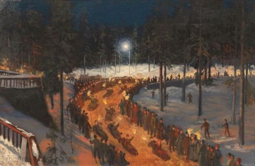 Sled or Bodsled with torches,Holmenkollen -  Nils Severin Lynge Hansteen , 1903.Norwegian, 1855–1912