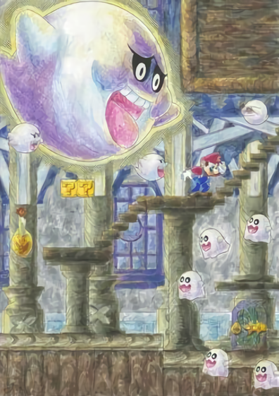 Artwork based on New Super Mario Bros. 2 ghost levels, from an officially licensed 2021 Mario notebo