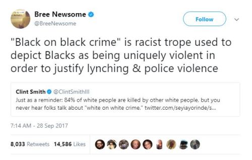 the-real-eye-to-see:   “Black on black crime” is an effort to change the subject from the criminality of white supremacy itself.   Black crime is sensationalized to create fear. This perpetuates the view that we are more dangerous than white people.