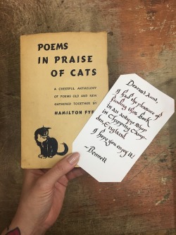 strandbooks:One of our book buyers found this little note in a cute cat book! #foundinabook #cat #inpraiseofcats