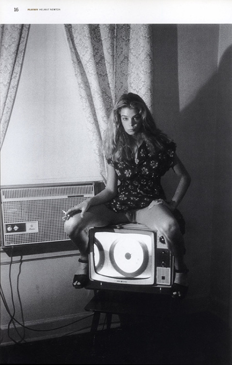 hauntedbystorytelling:  Helmut Newton ::  Kristin Bell [sitting on TV set], 1976  Vintage print from