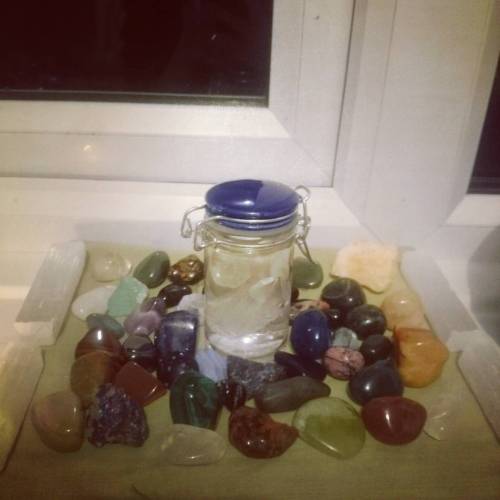 Full moon water, and my crystals getting a lovely charge from tonight’s beautiful harvest full