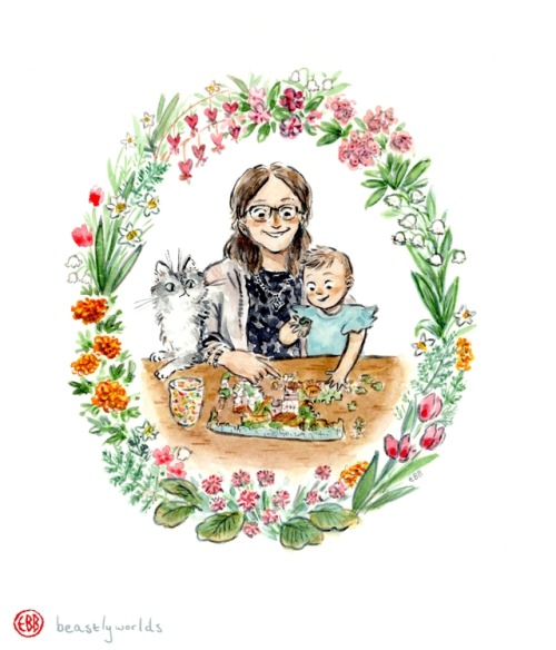 A watercolour portrait of a little girl, a grandmother, a cat, and a border of the plants in what so