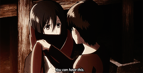 commandereyebrows:  slay-kyojin:  shingekinodenim:  PEOPLE GIVE MIKASA SO MUCH SHIT and it’s funny, but seriously, picture that your parents were brutally murdered in front of you - Eren literally saved her LIFE, taught her to defend for herself, provided