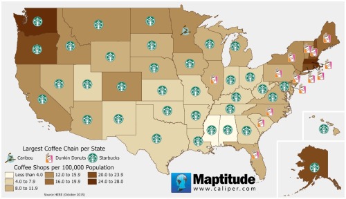 maptitude1:Per capita coffee shops and the largest coffee chains in each state