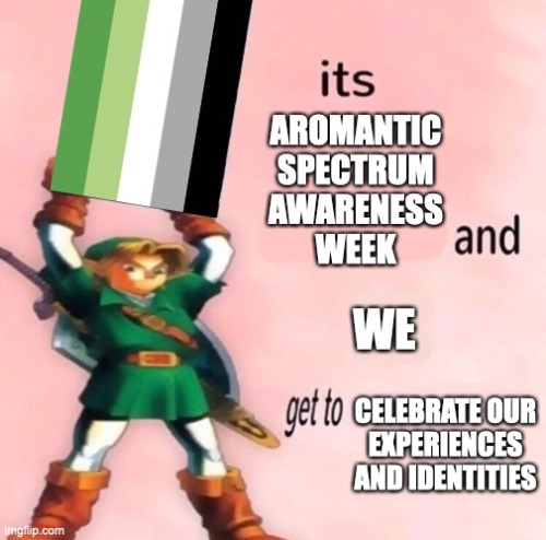 raavenb2619:[ID: The It’s my sleepover meme. Link from the Legend of Zelda holds the aromantic flag 
