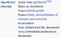 I’m laughing so hard dsgha okay last night they added Asami as Korra’s gf ((big win for us)) on the Wiki  but then i go on the Wiki today to show my mom and   THEY TOOK MAKO OFF AS AN EX AHAHAHA like who cares he’s old news, Asami as