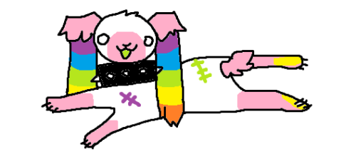 a small drawing of my fursona laying down. she's a white rabbit with pink markings. it has long, hair-like rainbow ears and a couple of colorful stitches. he is smiling