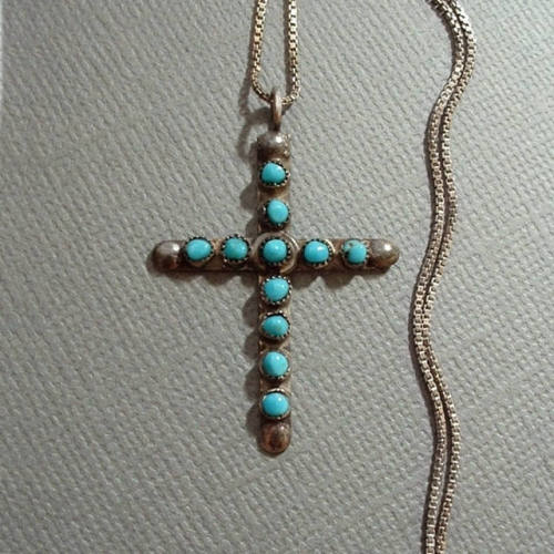 Vintage STERLING Silver NATIVE American TURQUOISE Cross Necklace Petit Point Snake Eye Sterling Chai