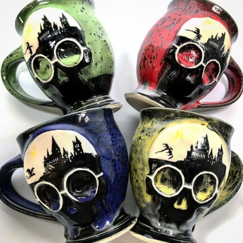 sosuperawesome:Mugs and Planters - including House Colored Wizarding Mugs Scrimshaw Pottery on EtsyS