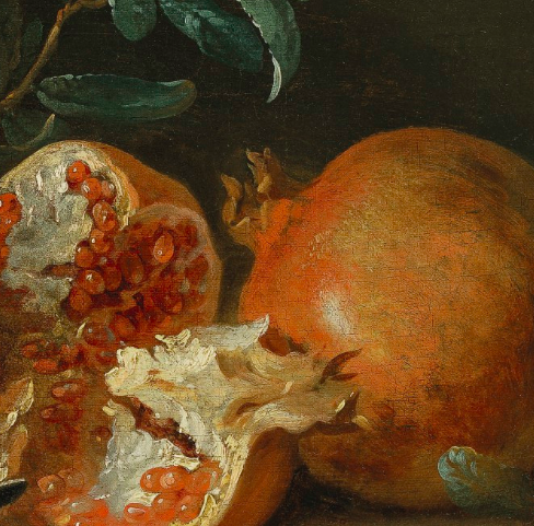 Jean-Baptiste Oudry, A marble vase, a hare and pomegranates on a stone ledge (details) 1736