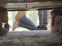 mrnobodyhereagain:  Audrey and her friend were going to surprise her older sister by hiding under her bed. The plan was to jump out and scare her, but they plan changed when they saw two pairs of shoes walk into the room. Audrey shushed her friend since