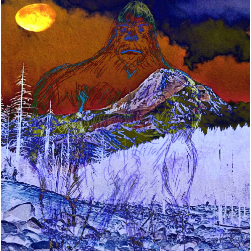 J.P. Riley, Ochoco National Forest, Oregon Elevation 4720ft. Sketch of Bigfoot with Mt Hood in the b