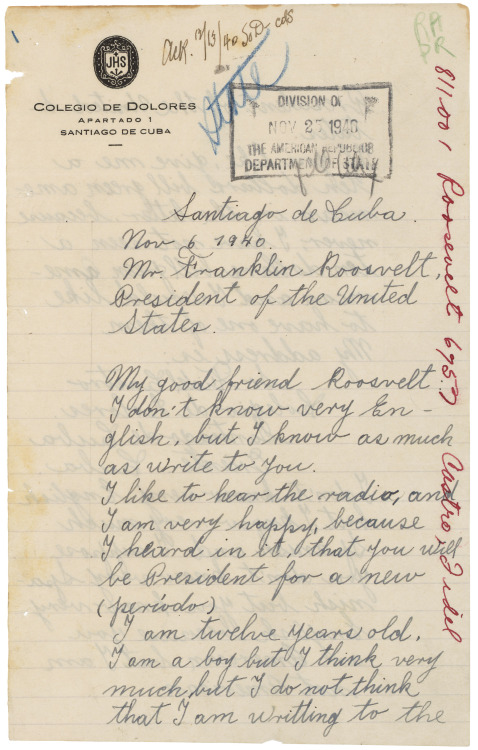 usnatarchivesexhibits:  Letter from Fidel Castro to President Franklin D. Roosevelt, 11/06/1940 