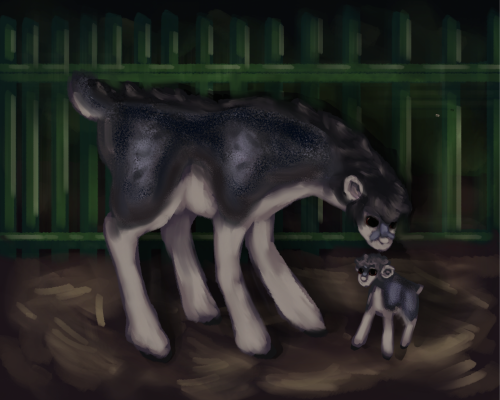gaeilge: fán asfáilt príomhúil le a leanaírud ar tí
english: an asphalt primal faun with it's babyguy