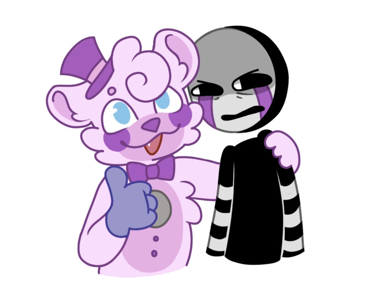 Digital drawing of Funtime Freddy and The Puppet hanging out, Freddy looks at the camera with a smile, a thumbs up, and his arm around Puppet, who looks at him in distate.