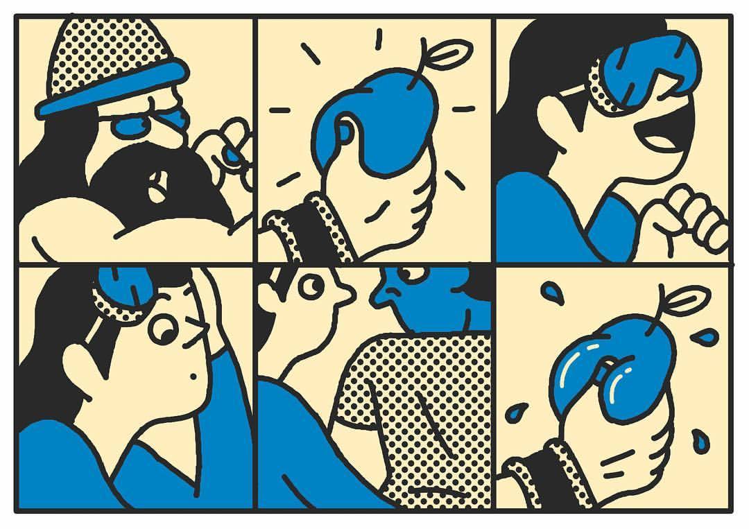 Comic strip about Video Game. 🎮😎🤚🍐😳 #illustration #comics #comicstrip #vr #peach #grabbing #solitude #squeeze #nicetomeetyoutoo #winner #blue #player