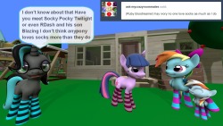 ask-the-out-buck-pony:Asked by ask-mycrazyroommates / animevampiregirl25 Guestssockypockytwirdash / Rainbowdashydg Sockies~! :D