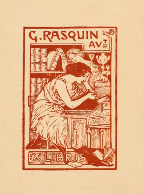 G. Rasquin bookplate. Artist unknown.One woman reads while the second woman scans the bookshelves fo