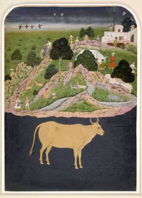 A cow supporting the weight of the earth on its horns.Bikaner StyleRajasthan School 1700-1720 (circa