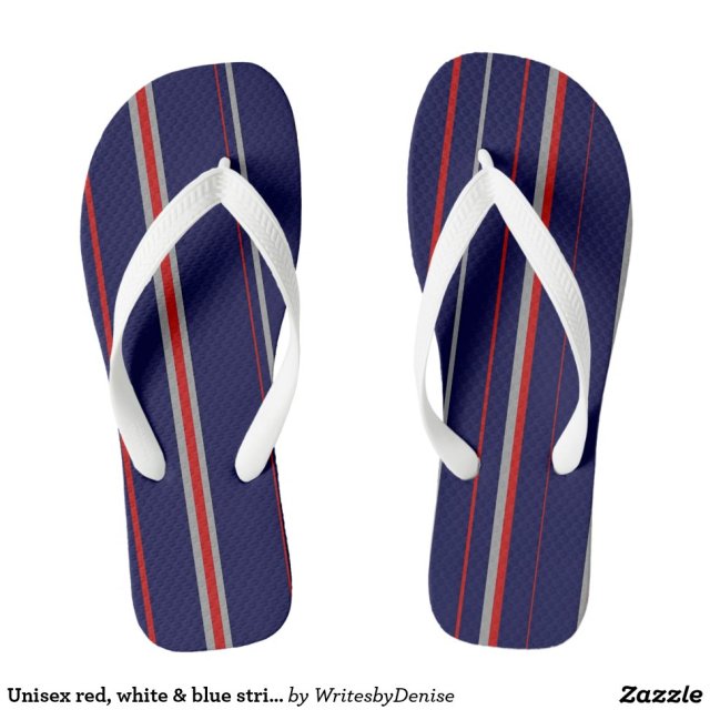 Unisex red, white & blue stripe flip flops - Creative, Thong-Style Hawaiian Beach Sandal DesignsBuy This Design Here: Unisex red, white & blue stripe flip flops

See All Creations by Fashion Designer: WritesbyDenise

When the beach, lake, swimming pool or backyard is calling, these awesome Hawaiian style flips flops are a fashionable answer!
Live, work and play with your feet enjoying maximum freedom and ventilation. Life really is a tropical beach in these sandals.

Product Information for Unisex red, white & blue stripe flip flops:
- Thong style, easy slip-on design
- Choose between 2 different footbeds and 4 different strap colors
- Similar to Havaianas®
- 100% rubber makes sandals both heavyweight and durable
- Cushioned footbed with textured rice pattern provides all day comfort
- Made in Brazil and printed in the USA #sandals#shoes#footwear#fashion#sand#style#beach#beachgirl#ootd#summer#flip flops#casual