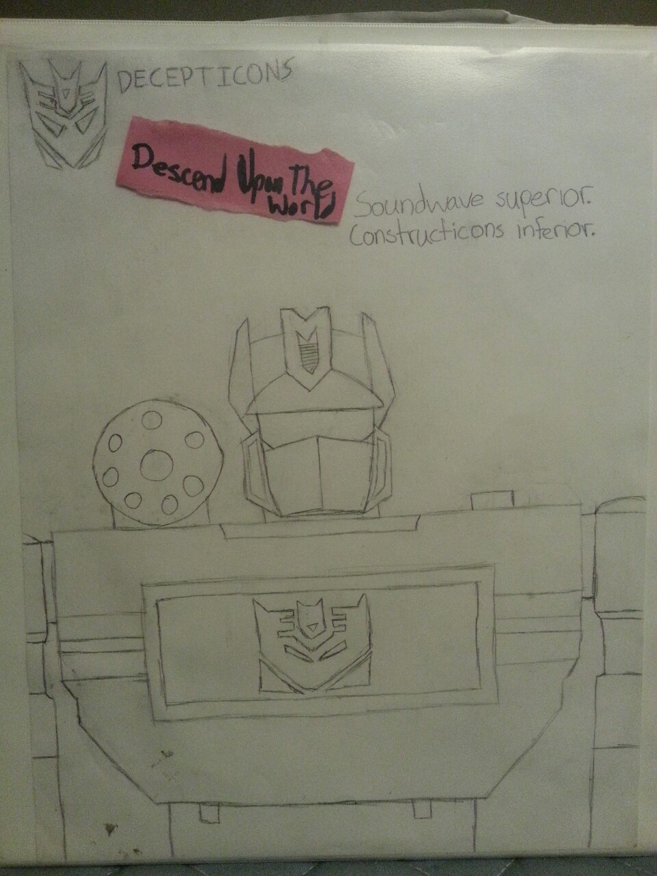 My unfinished (and uncolored) drawing of Transformers’ 1984 Soundwave. Made on good old paper with pencil.