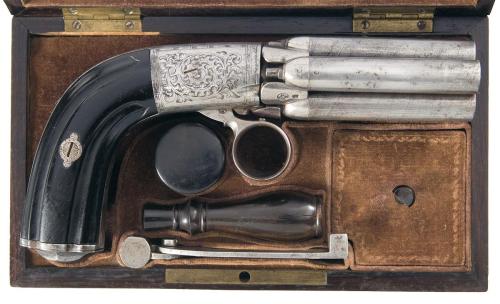 Cased and engraved pepperbox revolver signed, &ldquo;MARIETTE&rdquo;.  Originates from Belgium, mid 