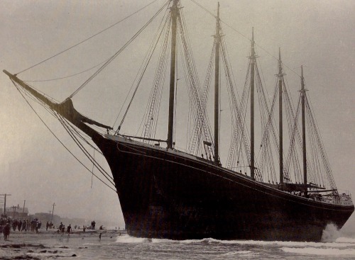 rickinmar:   five masted schooner Nancy got swept from its anchorage and landed on Nantasket Beach Massachusetts in the mid 1920s. she became an attraction and lasted about a decade before the ultimate breakup. 