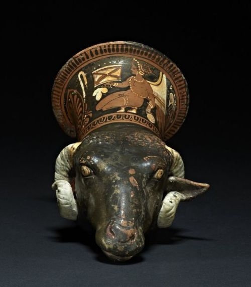 ancientpeoples: Rhyton terminating in a Ram’s head 340 BC - 320 BC Apulian (Greek) (Source: Th
