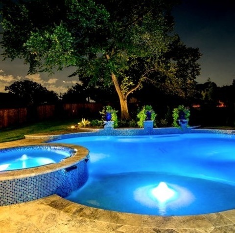 Dallas Fountain PoolPool Fountain - Mid-sized Transitional Backyard Stone And Custom-shaped Pool Fountain
