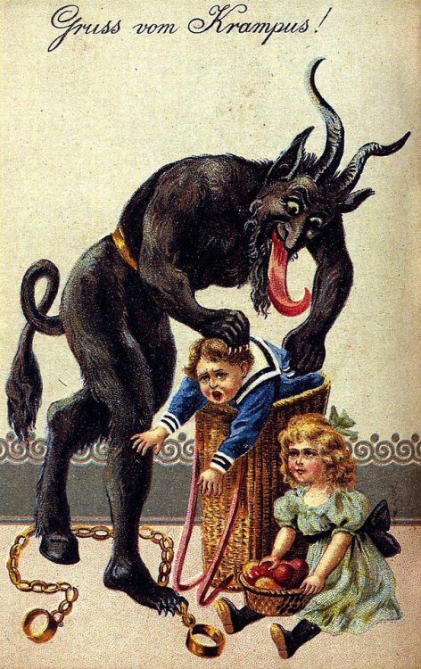 ex0skeletal:  Krampus is a beast-like creature from the folklore of Alpine countries thought to punish children during the Christmas season who had misbehaved, in contrast with Saint Nicholas, who rewards well-behaved ones with gifts. Krampus is said