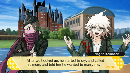 fakedrv3screenshots: Nagito: After we hooked up, he started to cry, and called his mom, and told her