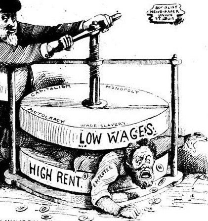 vintage comic of a person being squeezed in a giant press.  the top press is labeled "low wages" and the bottom "high rent" and the person "employee" and coins are falling out of them.  the press is being hand cranked by another person with an evil expression.