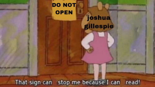 [ID: DW From Arthur Standing In Front Of A Door With A Yellow Sign That Says Do Not Open In All Caps.