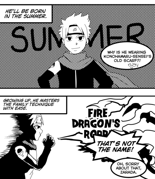 goninety:  A Team Konohamaru comic with a crossover (kind of but not really). I couldn’t draw his eyes the same way as him because well, it kinda gives it away. So he looks a mix of Gray and Natsu instead (or Sting?). But yeah, his hair is essentially