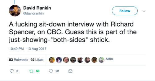 allthecanadianpolitics: This happened on August 13th; 1 day after the White Supremacy violence in Charlottesville. The Canadian Media, and in particularly the CBC really needs to stop normalizing fascism. This isn’t the first time either, its been a