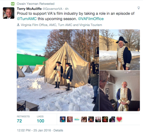 majorjohnandre: @GovernorVA: Proud to support VA’s film industry by taking a role in an episode of 