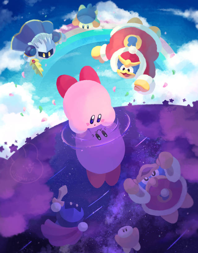 Kirby, Dedede, Meta Knight, and Bandanna Waddle Dee flying in a blue sky surrounded by puffy clouds and pink flower petals. They are staring into their reflections below, showing their past designs in a starry sky.